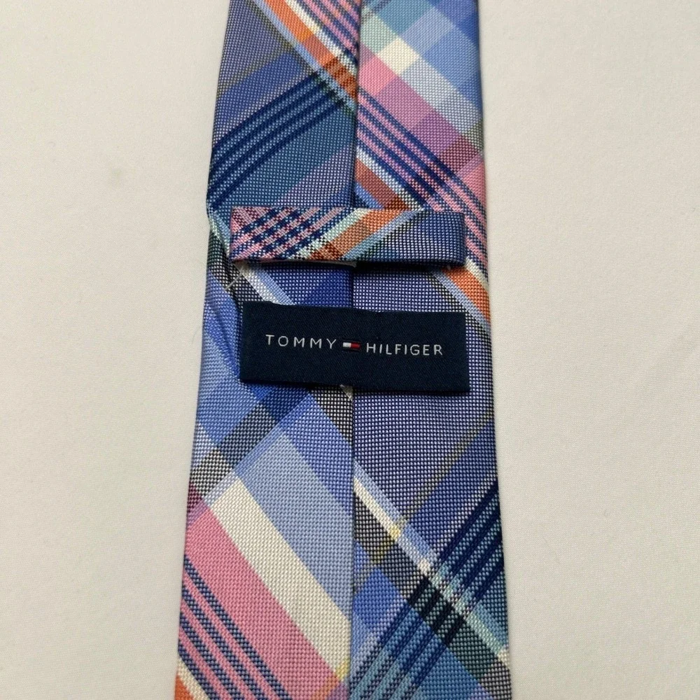 Tommy Hilfiger Mens Silk Plaid Madras Check Necktie Blue Pink Multi 61